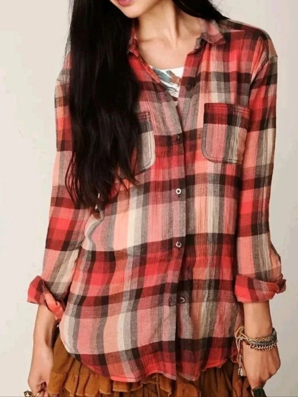 Free People Crochet Back Button Shirt Sz Med Red Plaid Crinkle Gauzy Mixed Media - Picture 2 of 13